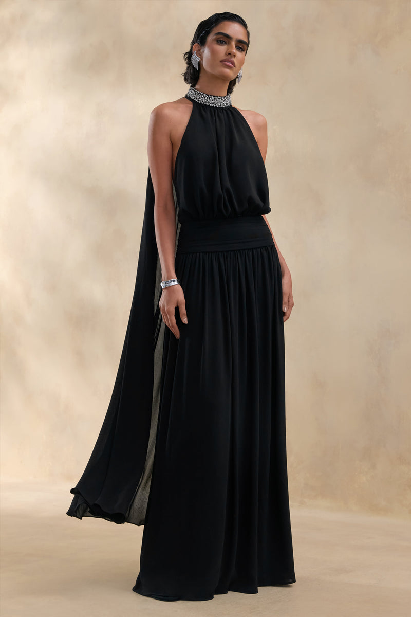 Marie | Vestido maxi negro de cuello halter con detalles ornamentales