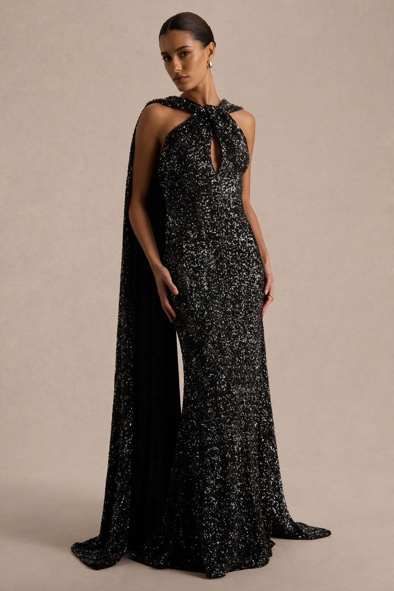 Renelle | Vestido largo negro de lentejuelas con cuello halter