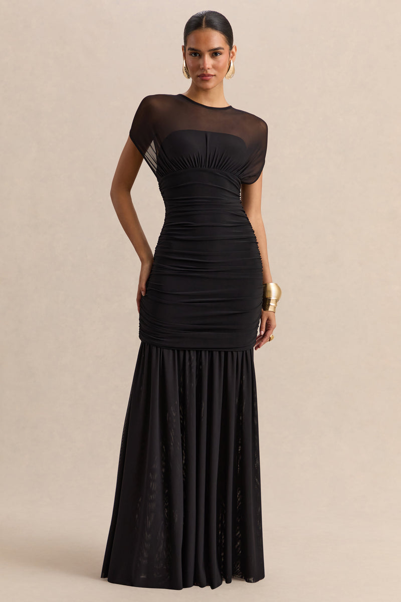 Kalene | Vestido maxi negro con escote amplio y detalles semitransparentes