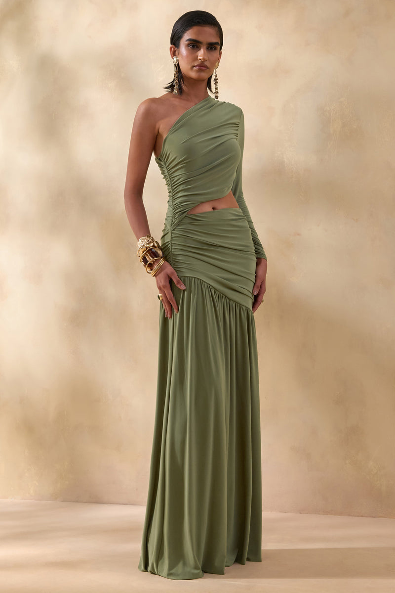 Kinsley | Vestido largo verde oliva con escote asimétrico y detalle de abertura en el cuerpo