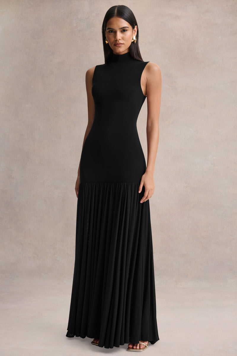 Gigi | Vestido maxi negro de cuello alto con cintura caída y falda semitransparente