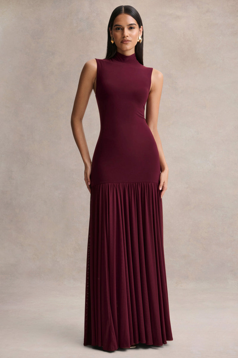 Gigi | Vestido largo burdeos de cuello alto, con cintura baja y falda semitransparente