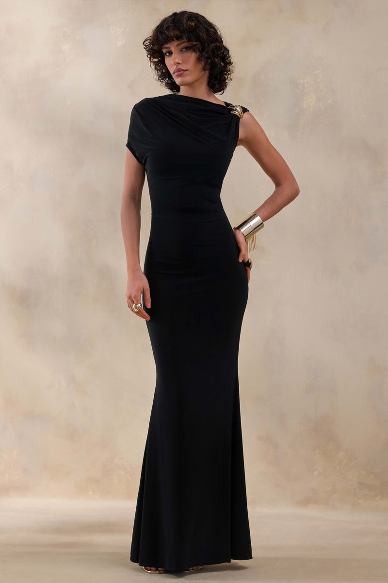 Blaire | Vestido largo negro de cuello asimétrico con detalles dorados