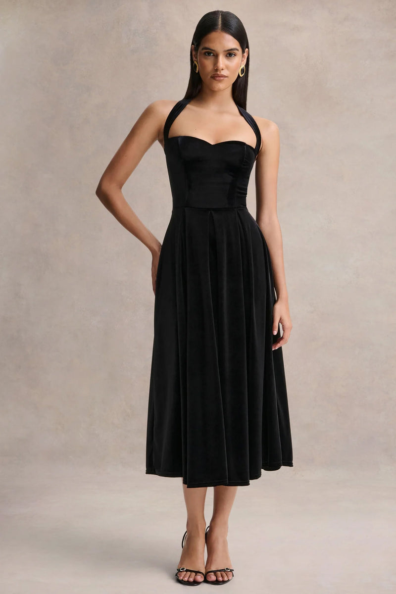 Esmeray | Vestido midi negro de terciopelo con escote corazón