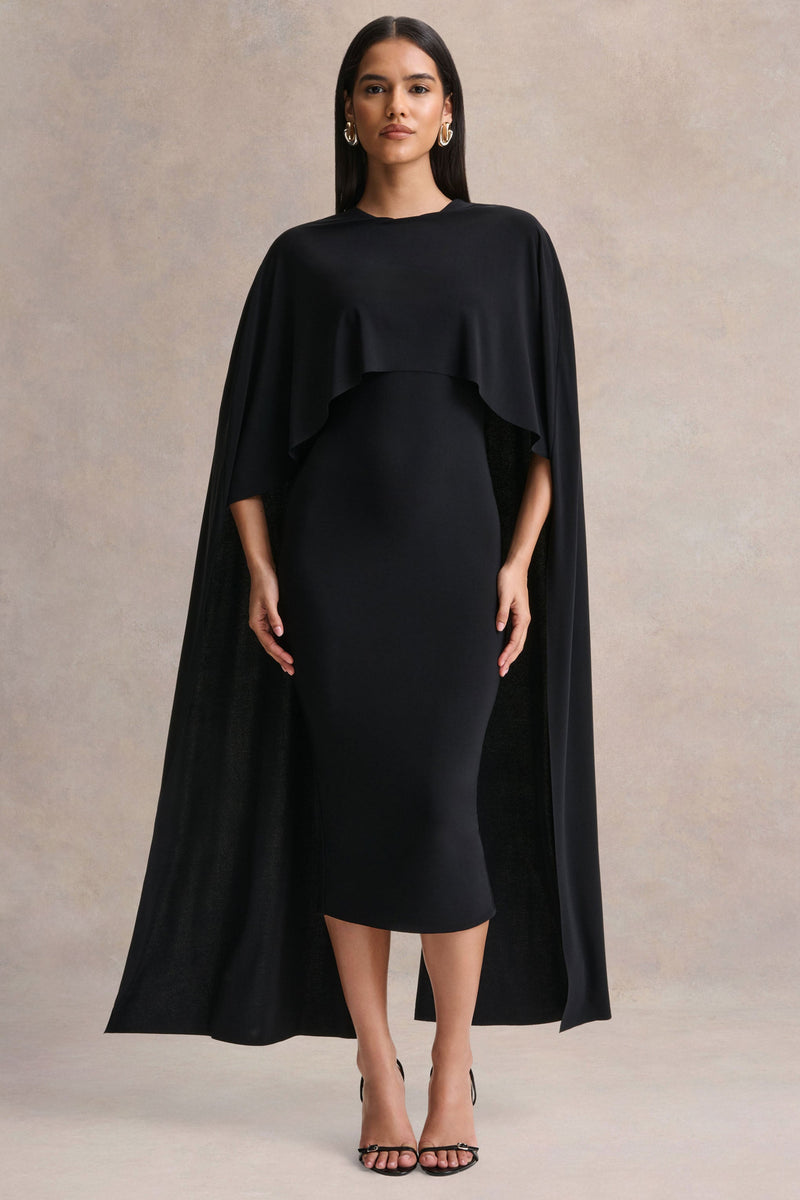 Kalani | Vestido midi negro de cuello redondo con mangas tipo capa