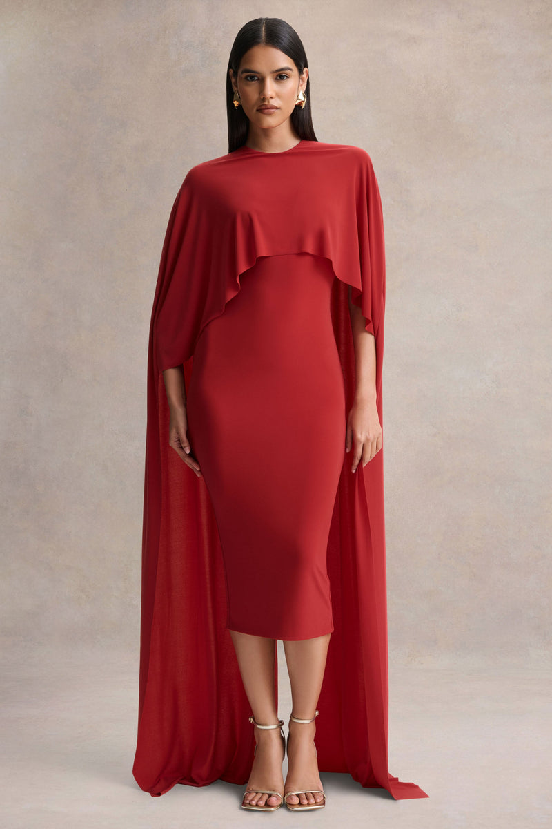 Kalani | Vestido midi rojo de cuello redondo con mangas tipo capa