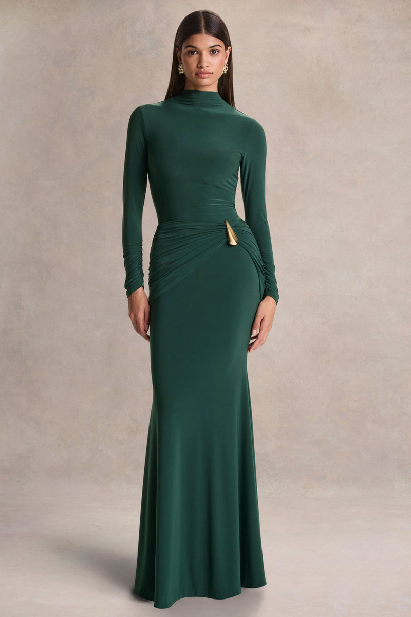 Solarium | Vestido maxi verde oscuro de manga larga con detalle dorado