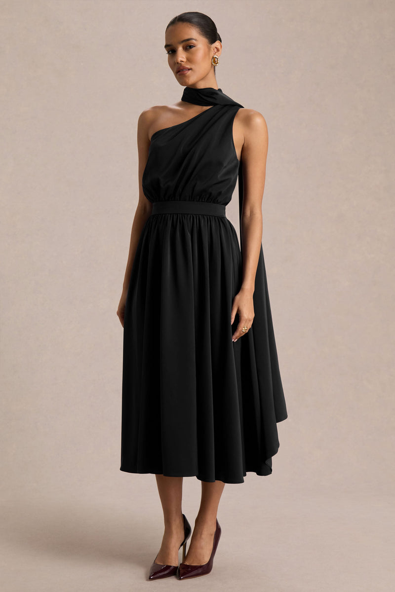 Caluna | Vestido midi de satén negro con escote asimétrico y detalle de pañuelo