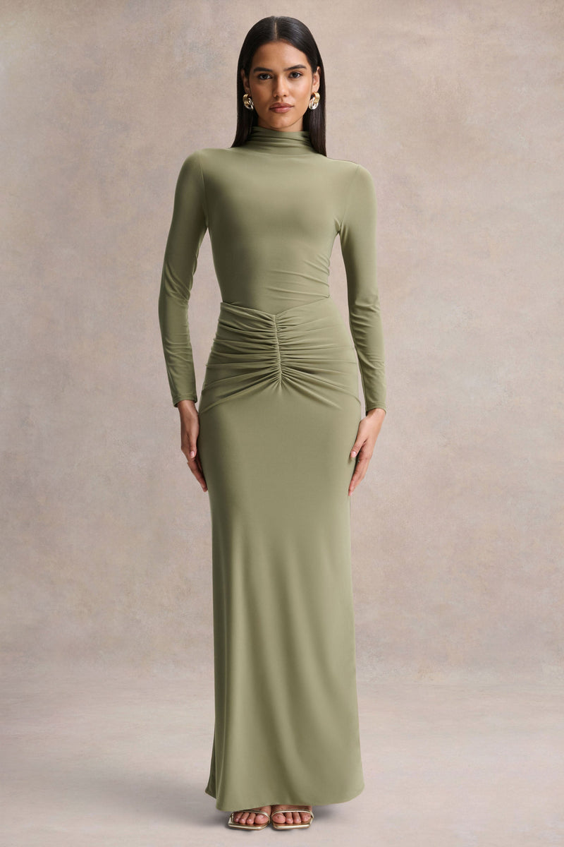 Persis | Vestido largo color oliva con cuello alto y detalles fruncidos