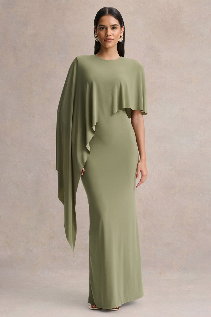 Ravena | Vestido largo oliva de cuello redondo con manga tipo capa asimétrica