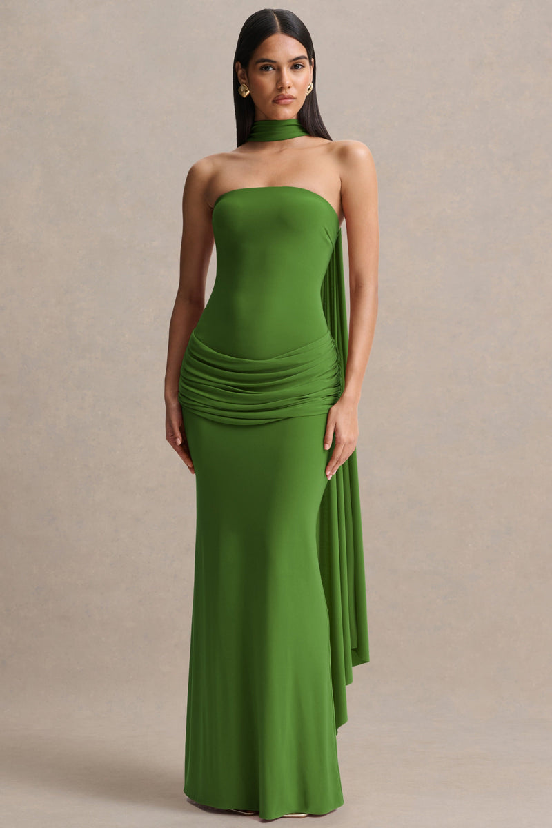 Graciella | Vestido maxi verde palabra de honor con detalles drapeados y pañuelo
