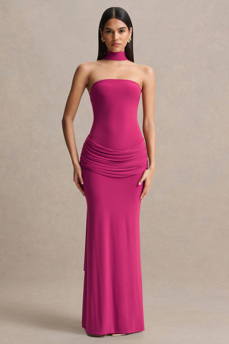 Graciella | Vestido largo bandeau rosa fucsia con detalles drapeados y pañuelo