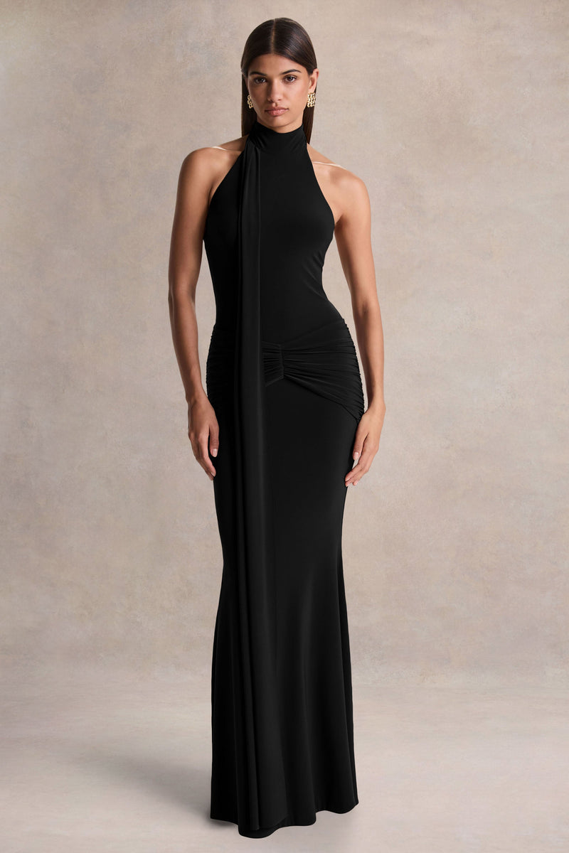 Hyla | Vestido maxi negro de cuello alto con detalle de fajín