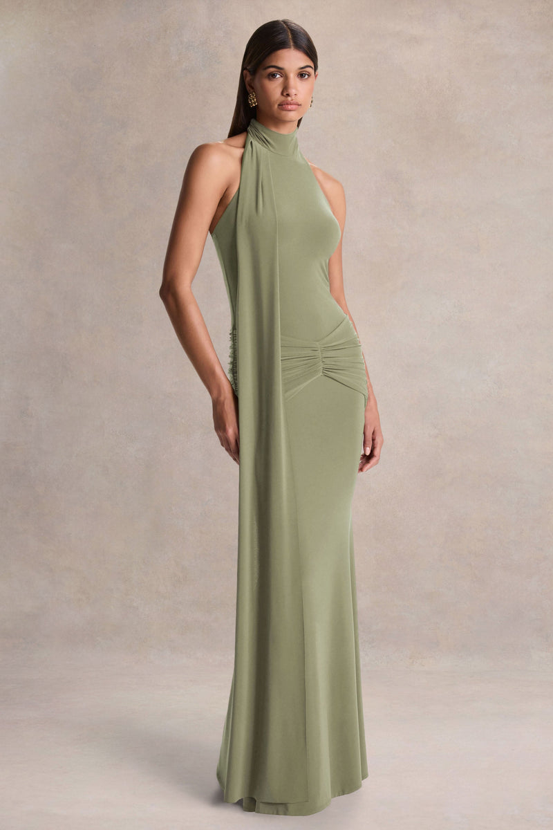 Hyla | Vestido maxi verde de cuello alto con detalle de fajín