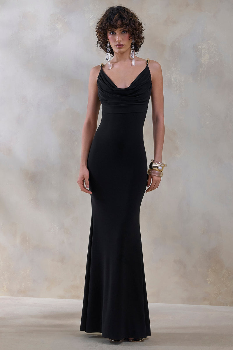 Iridessa | Vestido maxi negro con escote pronunciado en V