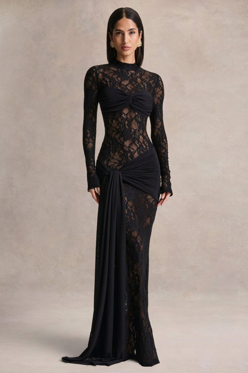 Akira | Vestido maxi negro de encaje semitransparente con detalle de fajín