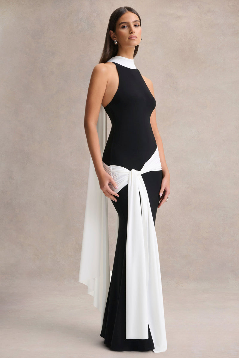 Dorinda | Vestido maxi blanco y negro de cuello alto con drapeado y detalle de bufanda