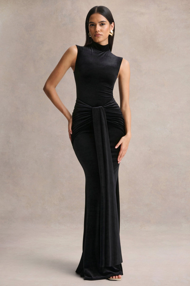 Idalina | Vestido largo de terciopelo negro con cuello alto y detalles fruncidos