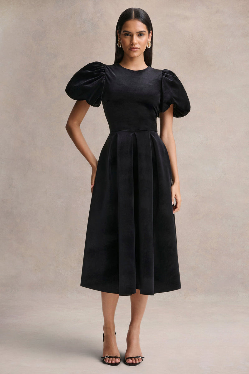 Seraphic | Vestido midi negro de terciopelo con mangas abullonadas