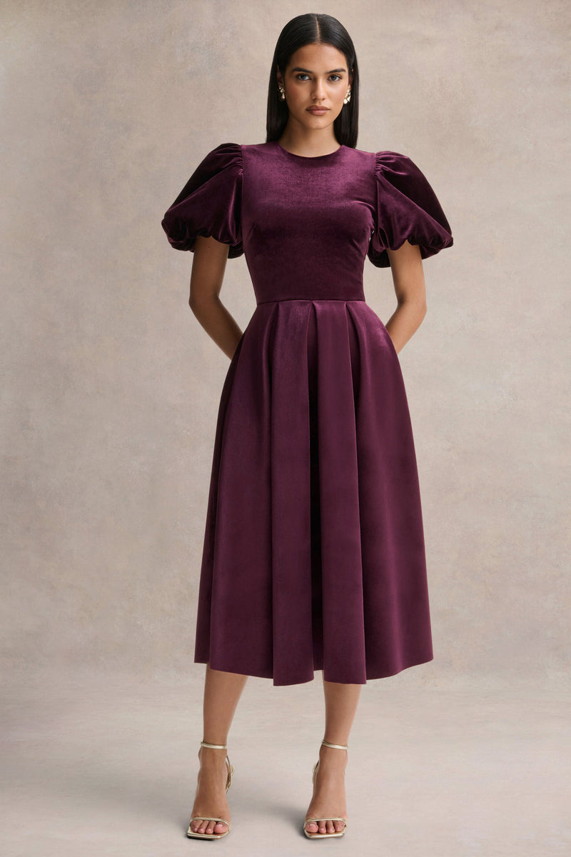 Seraphic | Vestido midi de terciopelo color burdeos con mangas abullonadas