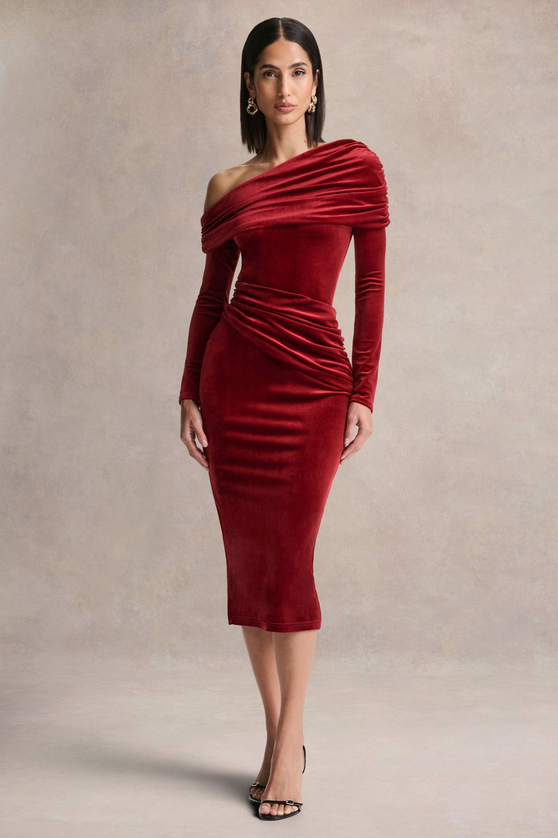 Eirene | Vestido midi de terciopelo rojo con escote asimétrico