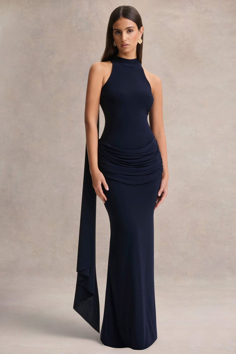 Hesperia | Vestido largo azul marino de cuello alto con detalles drapeados y pañuelo