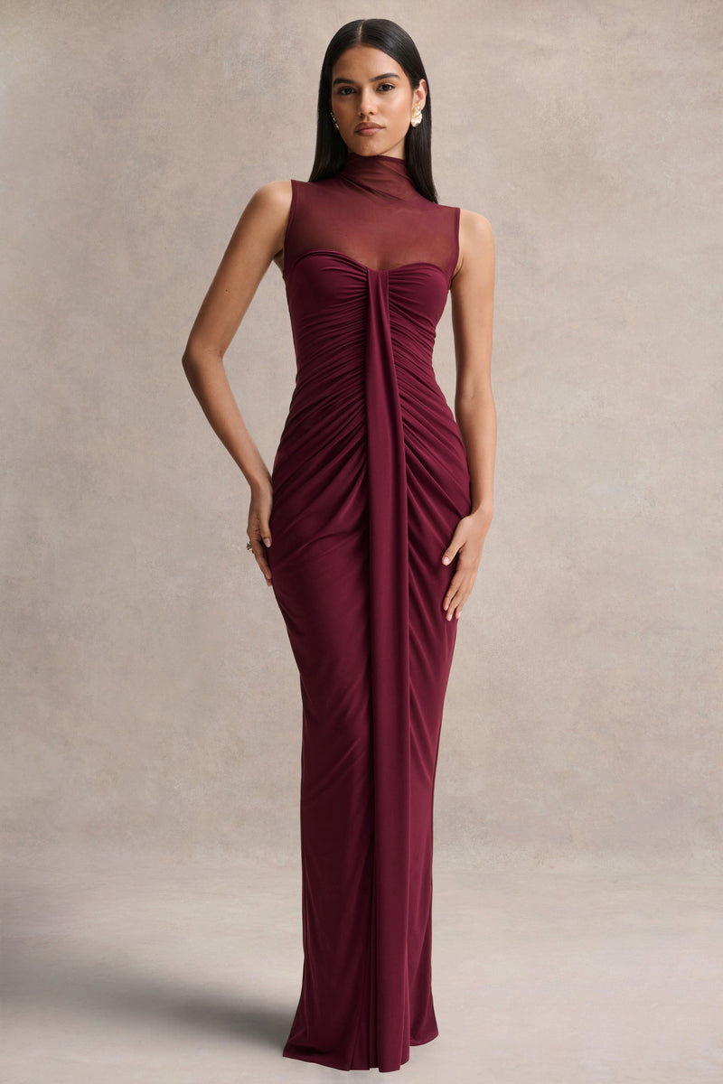 Brialle | Vestido maxi burdeos de cuello alto con malla y detalles fruncidos