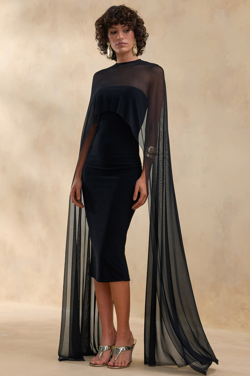Filippa | Vestido midi negro de cuello redondo con mangas tipo capa transparentes