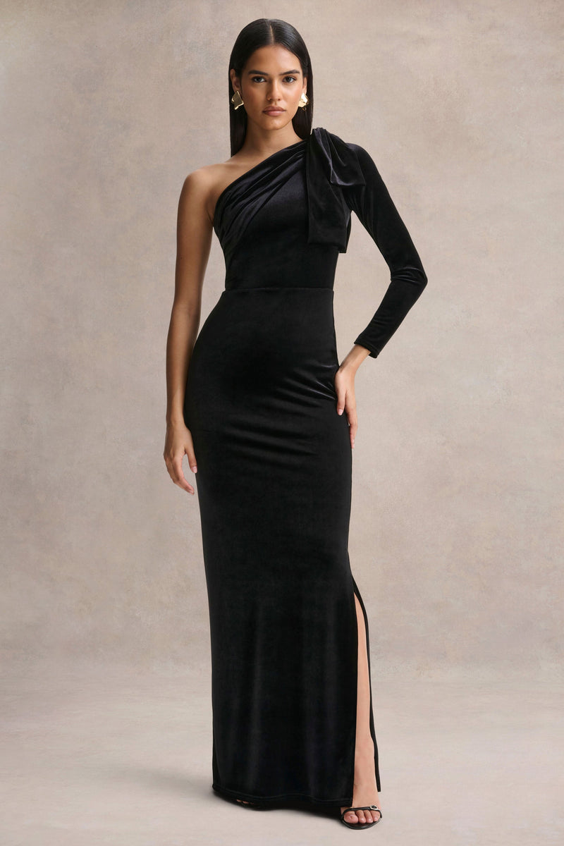 Farryn | Vestido largo negro con escote asimétrico y detalle de lazo