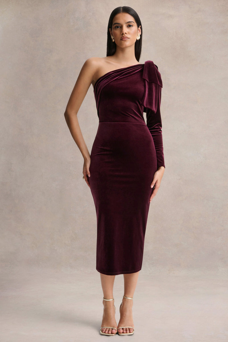 Vespera | Vestido midi de terciopelo burdeos con escote asimétrico y detalle de lazo