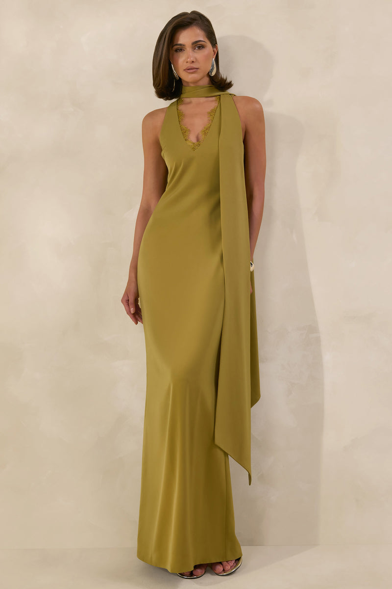 True Icon | Vestido maxi lencero de satén verde oliva con cuello alto y fajín