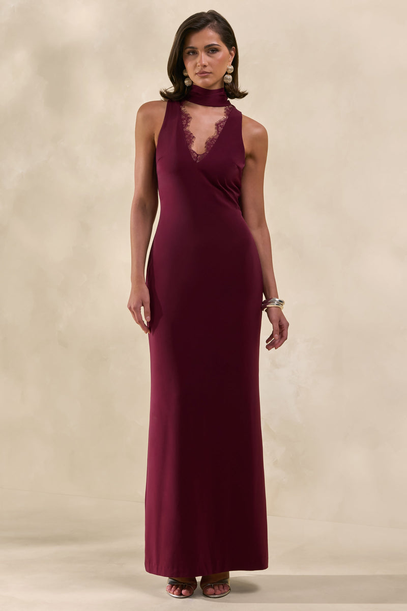 Icono auténtico | Vestido largo tipo lencero de satén color burdeos con cuello alto y fajín