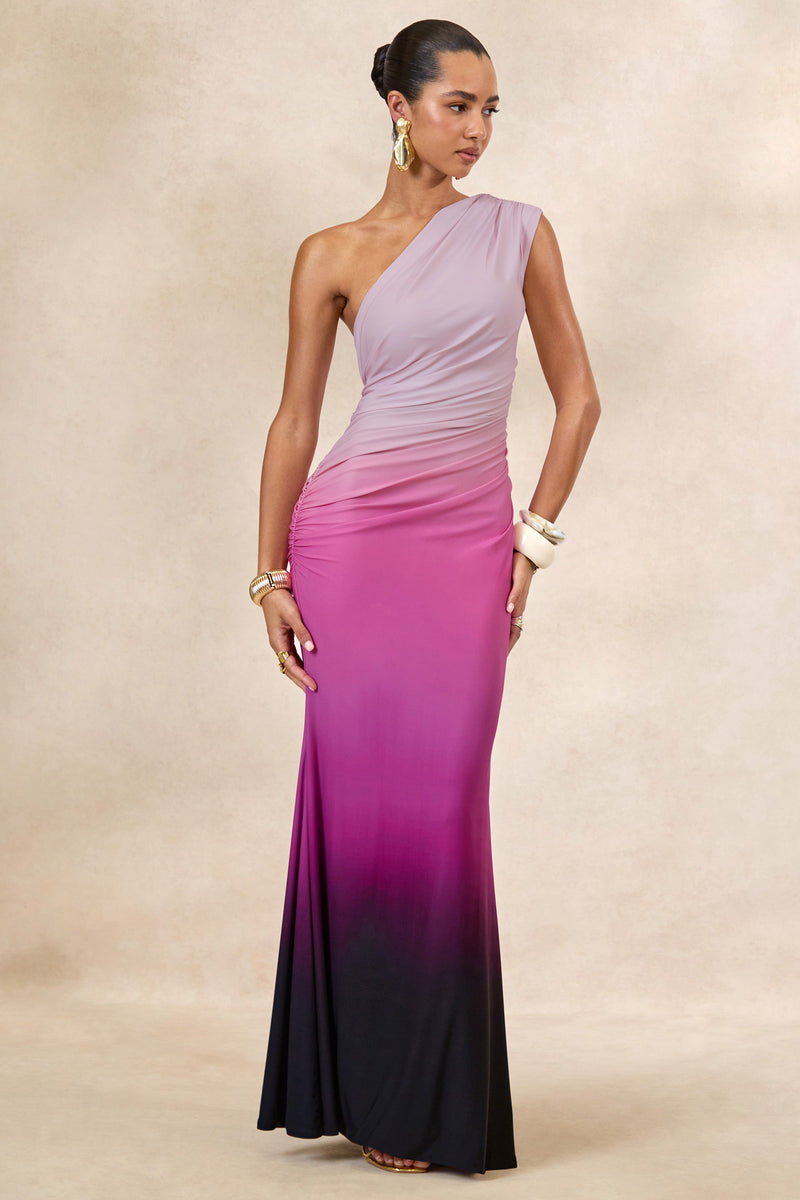 Lauretta | Vestido maxi asimétrico rosa degradado con fruncido