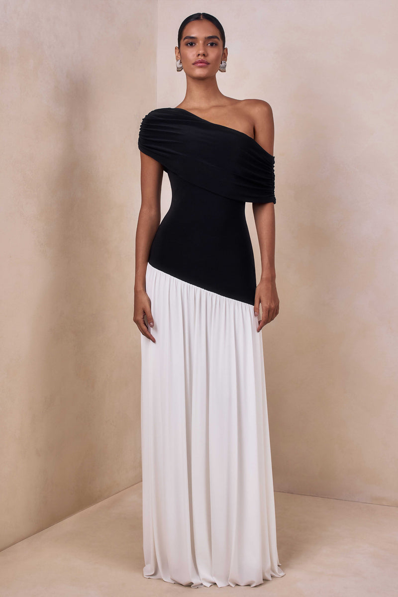 Doroyta | Vestido largo blanco y negro con escote asimétrico