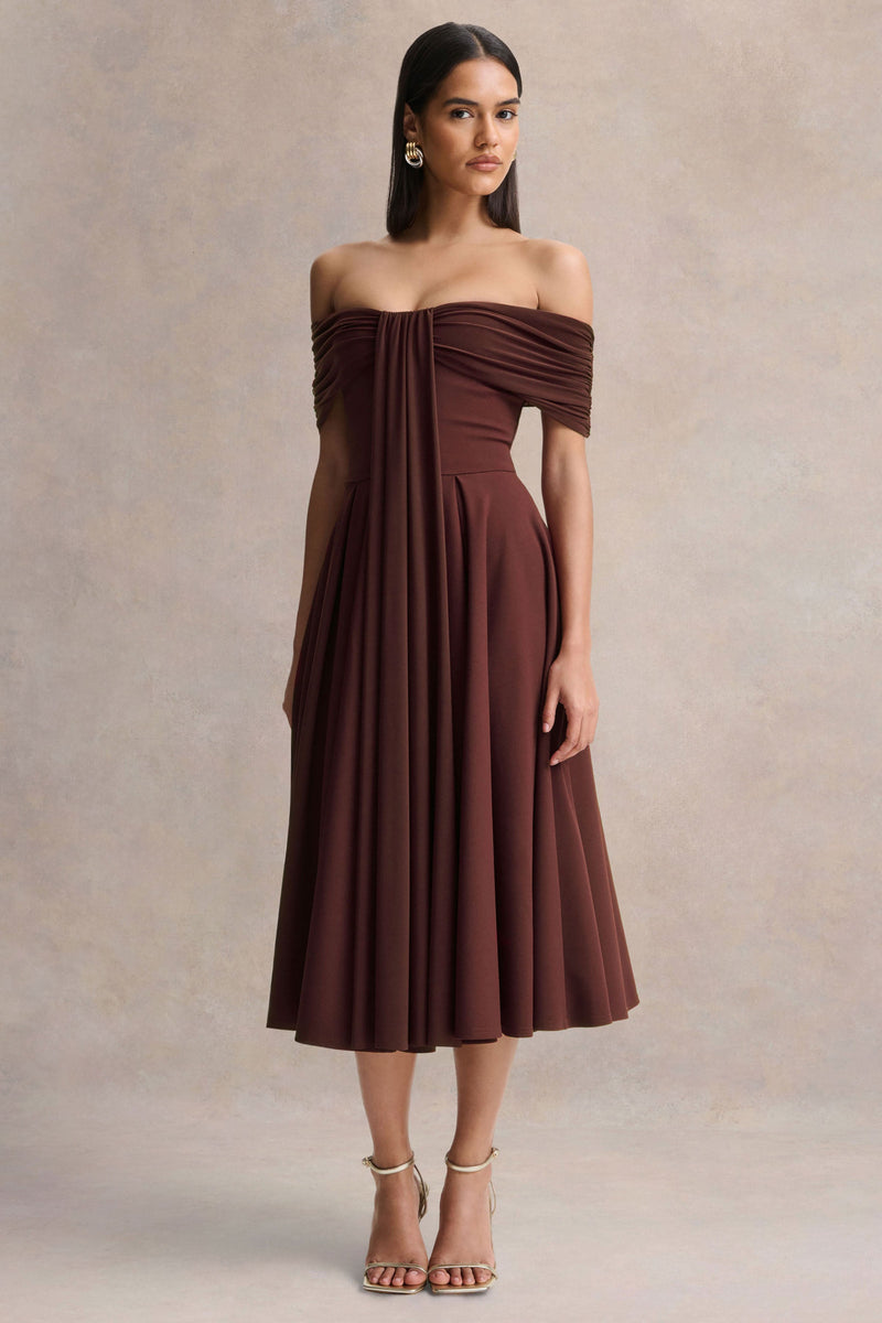 Dearest | Vestido midi marrón con escote Bardot