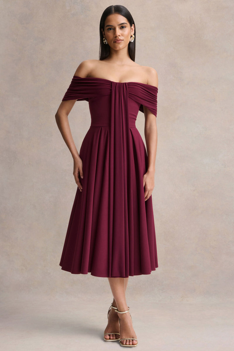 Dearest | Vestido midi burdeos con escote Bardot