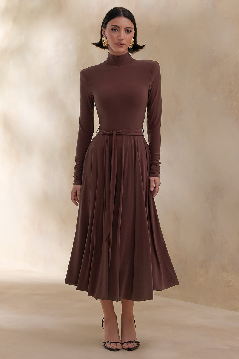 Opalia | Vestido midi marrón de cuello alto con cinturón