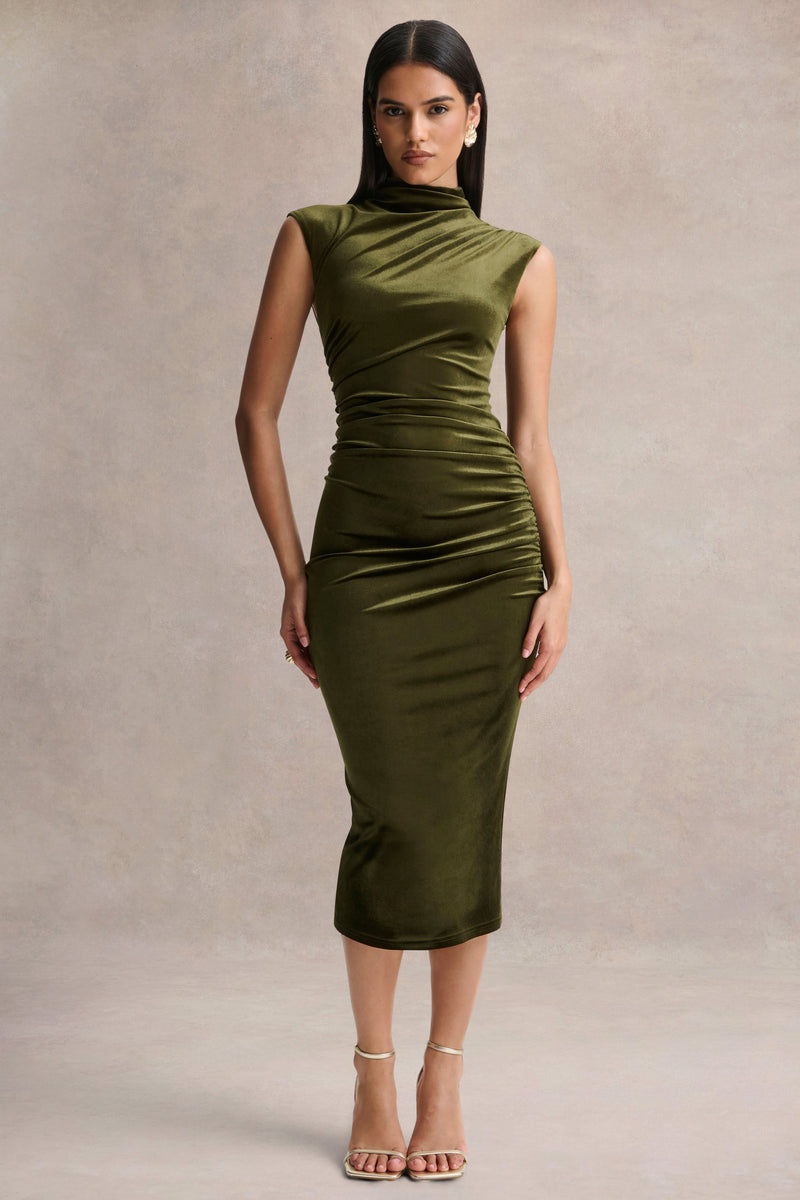 Novine | Vestido midi de terciopelo verde oliva con cuello alto