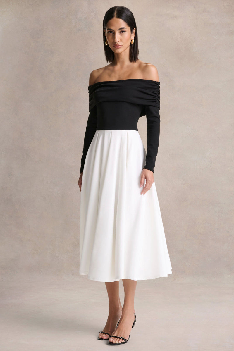 Frederica | Vestido midi blanco y negro con escote bardot