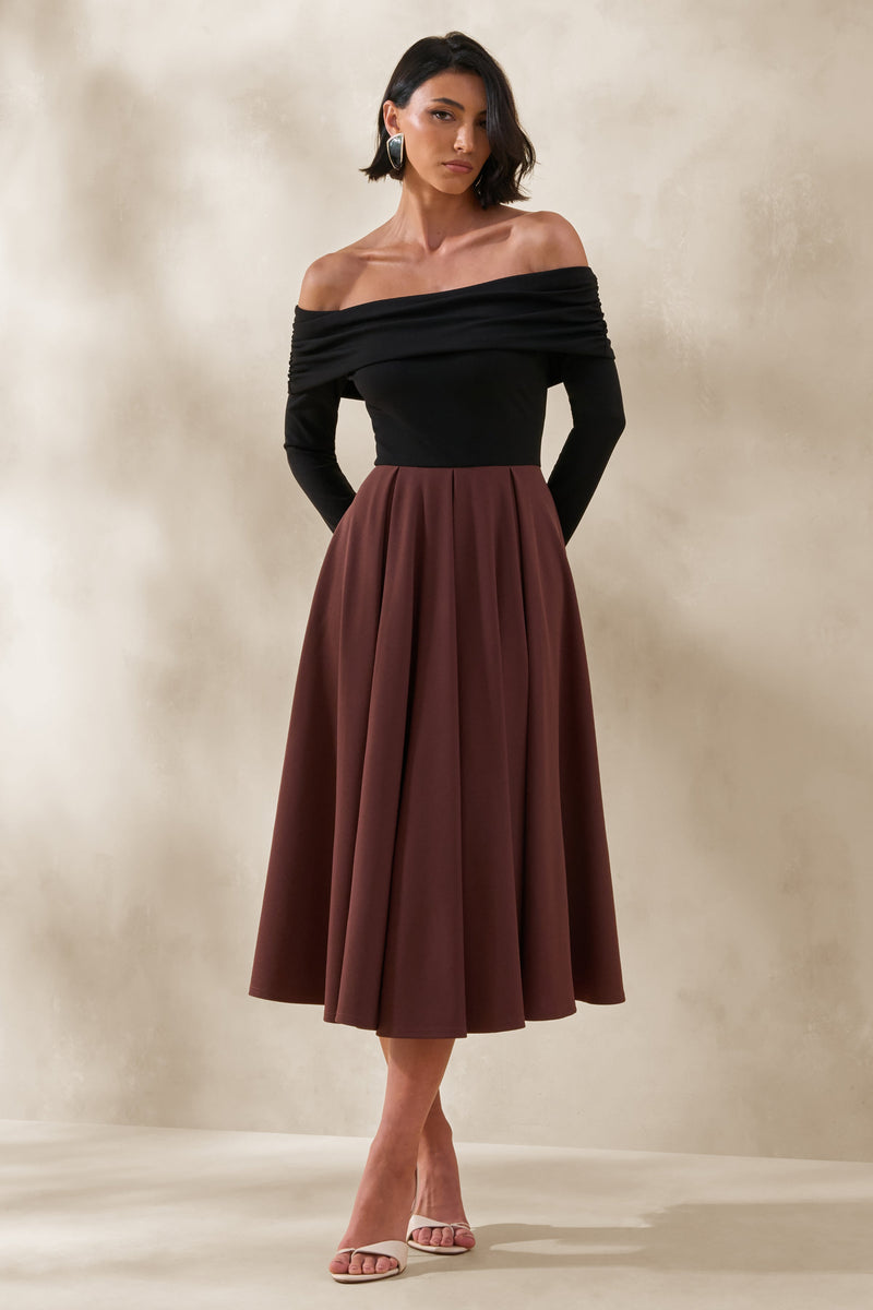 Frederica | Vestido midi negro y marrón con escote bardot
