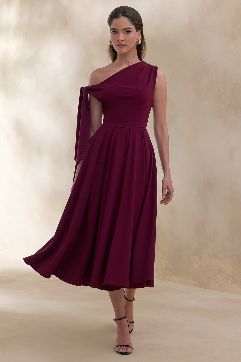 Daring | Vestido midi burdeos de escote asimétrico con detalle de nudo