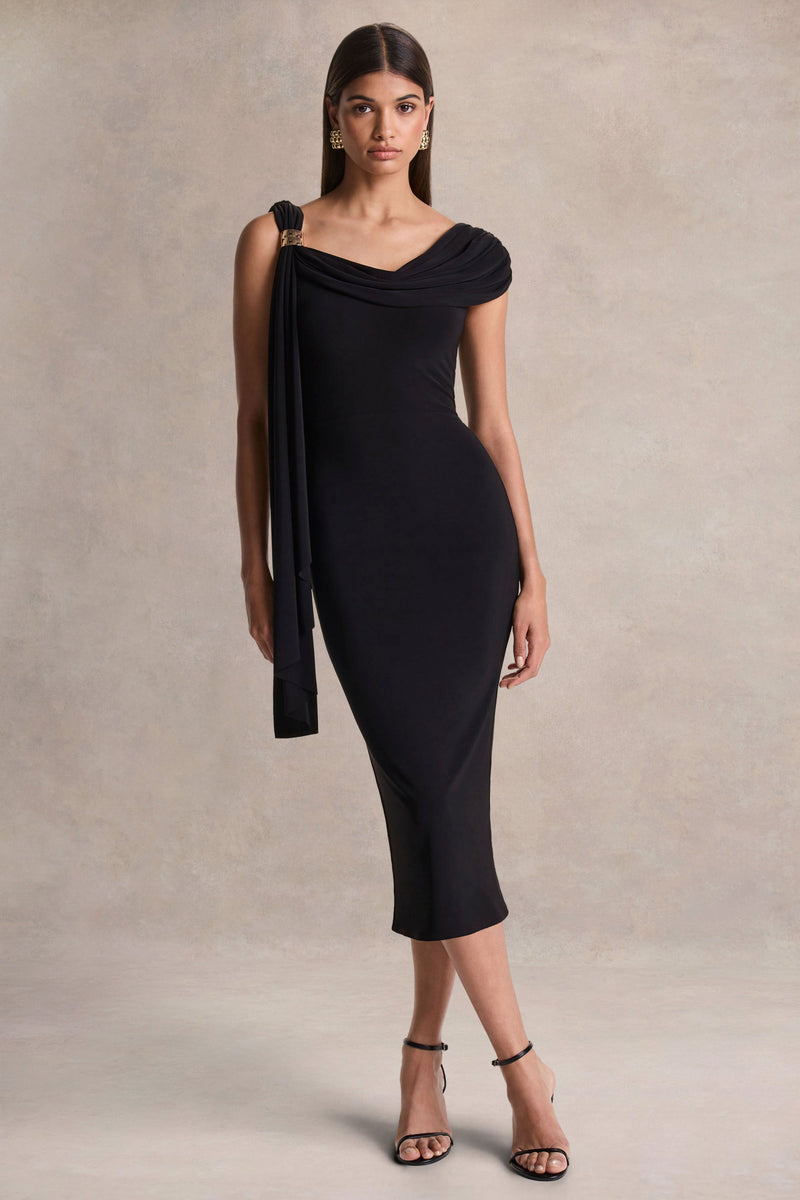 Mirelda | Vestido midi negro con escote asimétrico y detalle dorado