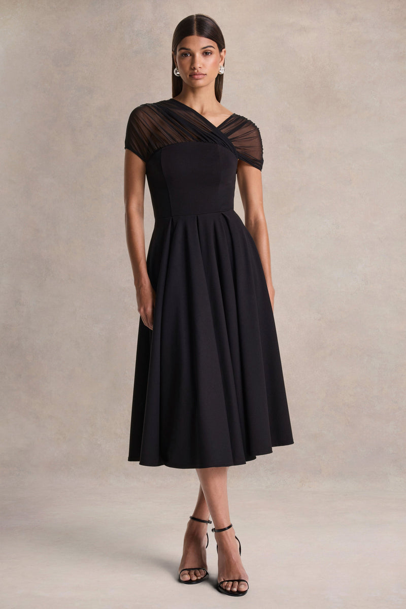 Rosette | Vestido midi negro con escote asimétrico