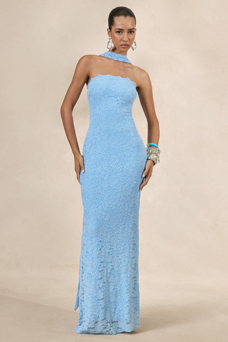 Massima | Vestido maxi de encaje azul claro estilo bandeau con detalle de pañuelo