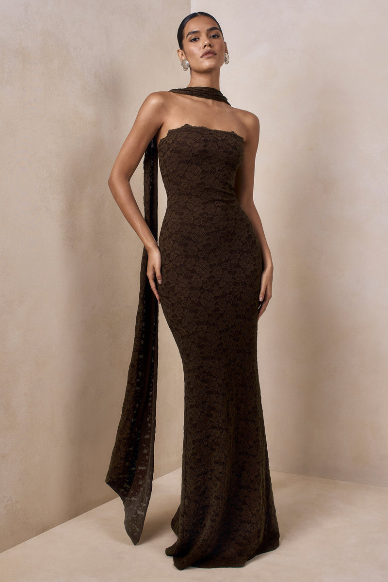Massima | Vestido maxi marrón de encaje palabra de honor con detalle de pañuelo