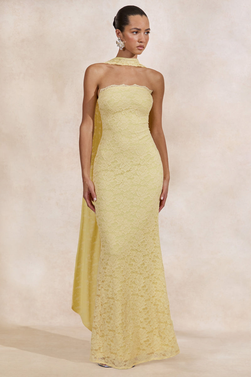 Massima | Vestido maxi bandeau de encaje color limón con detalle de pañuelo