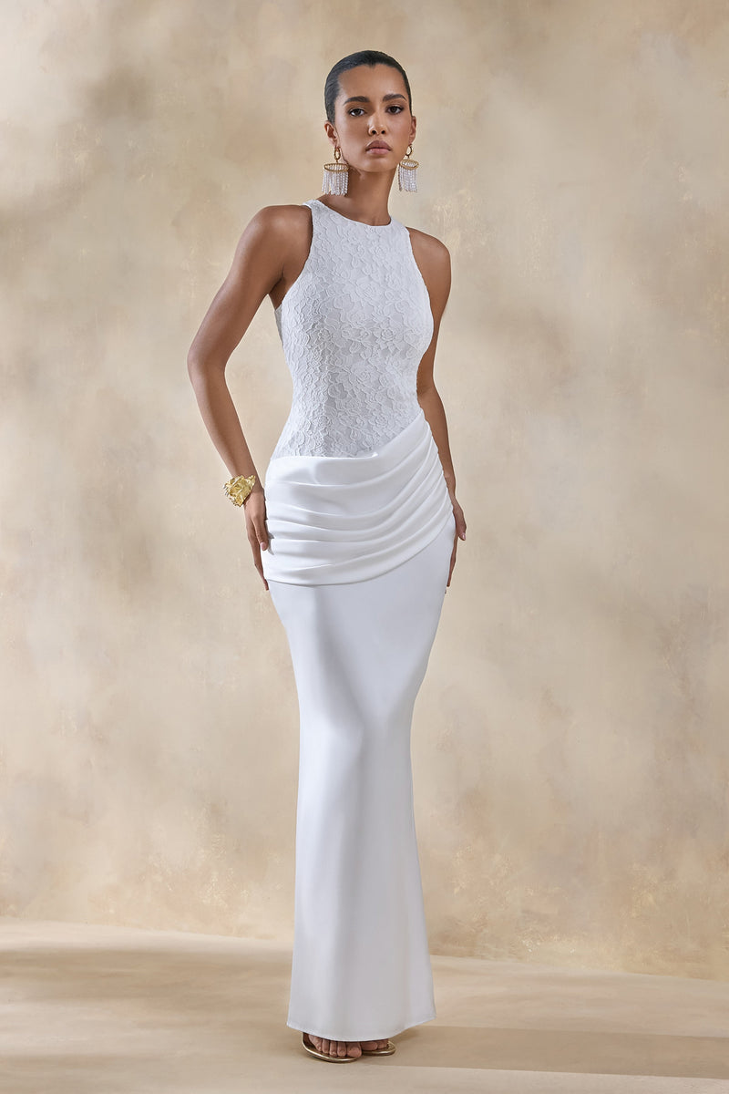 Neria | Vestido maxi blanco de satén y encaje con cuello redondo y falda envolvente drapeada