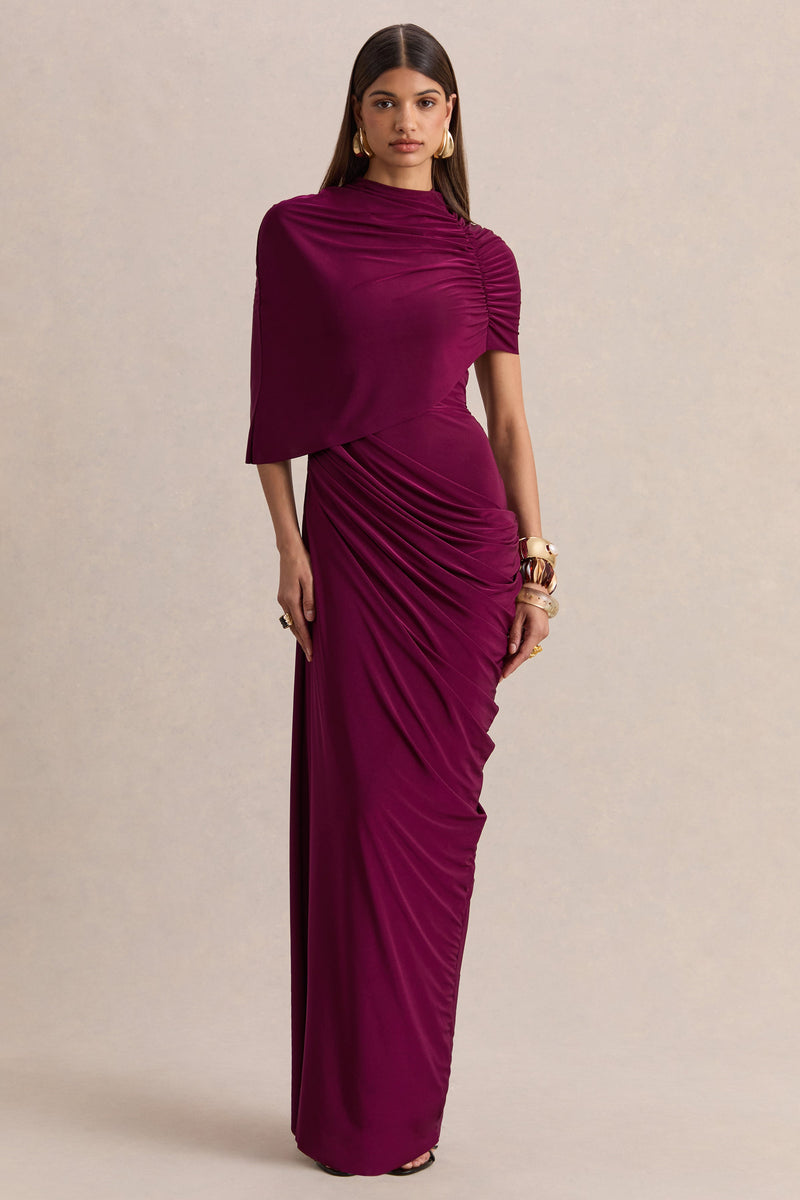 Lunaline | Vestido largo burdeos de cuello alto con capa asimétrica y detalles drapeados