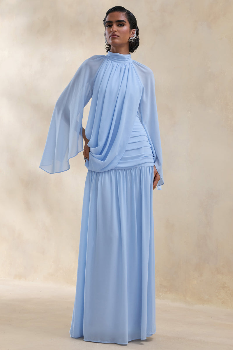 Narella | Vestido largo azul de gasa con cuello alto y detalles drapeados