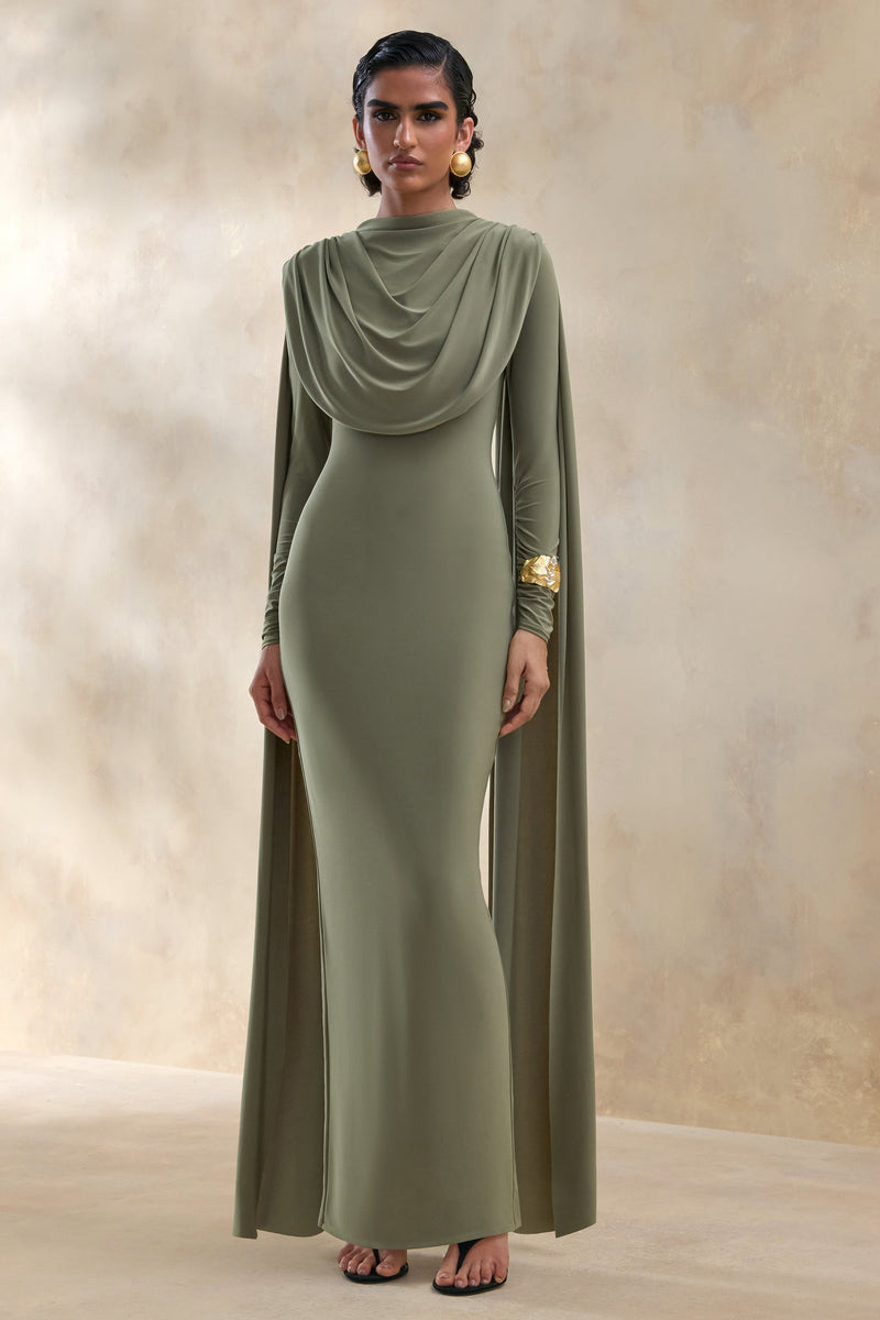 Lysoria | Vestido maxi verde oliva de cuello alto con detalles drapeados y mangas tipo capa